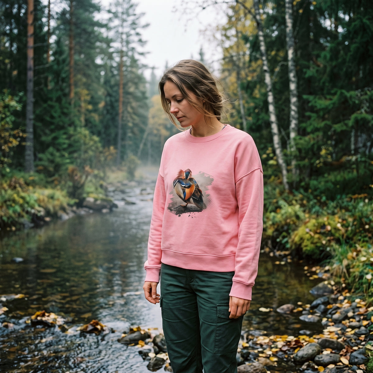 A woman standing by a calm stream in a moody Nordic forest, wearing a cozy pink sustainable women's organic cotton fleece sweatshirt featuring a vibrant Mandarin duck wildlife print.