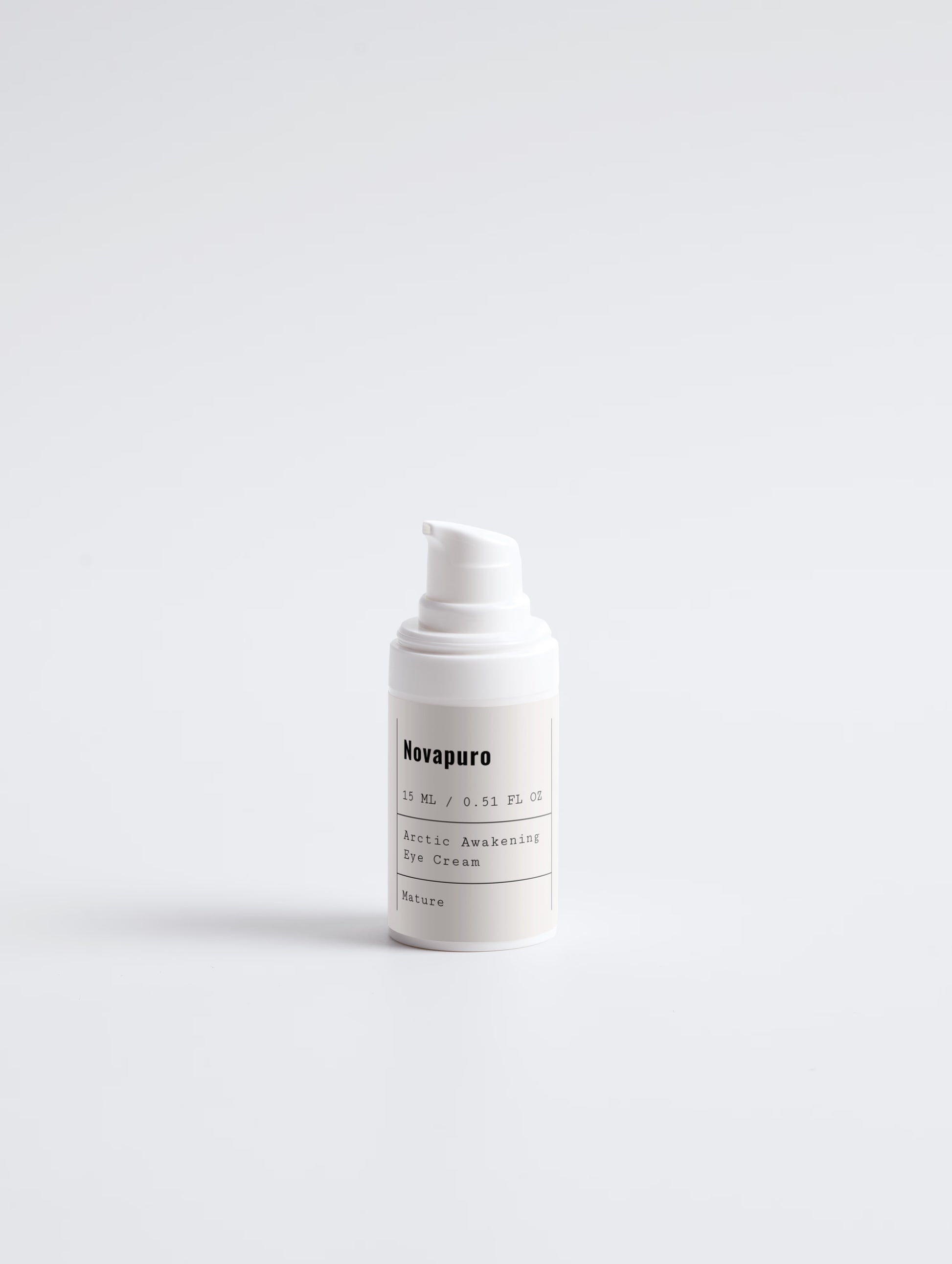 Close-up of the Novapuro eco-certified eye cream bottle, featuring natural ingredients and a clean Nordic design.