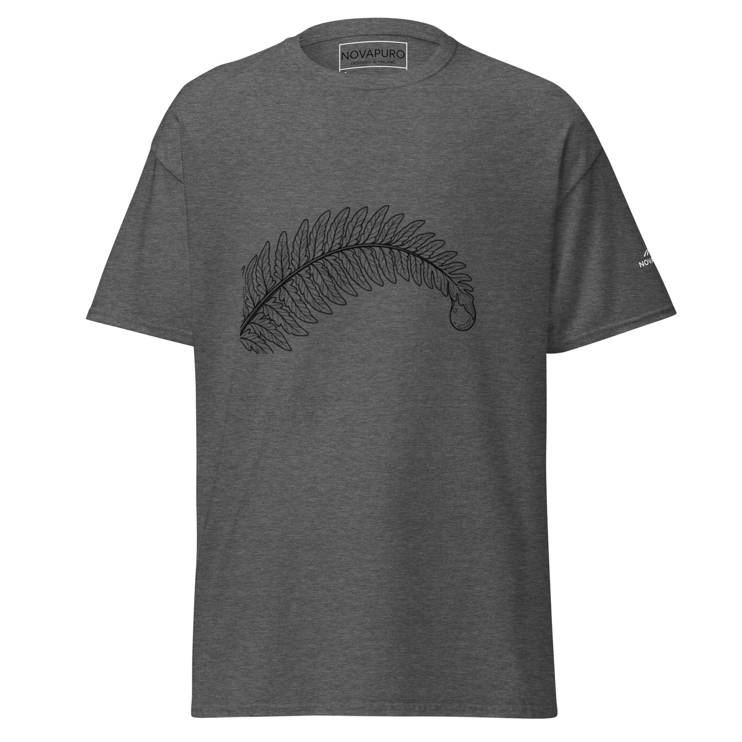 Flat lay image of the dark heather grey Novapuro Classic Fern t-shirt featuring detailed stippling art.