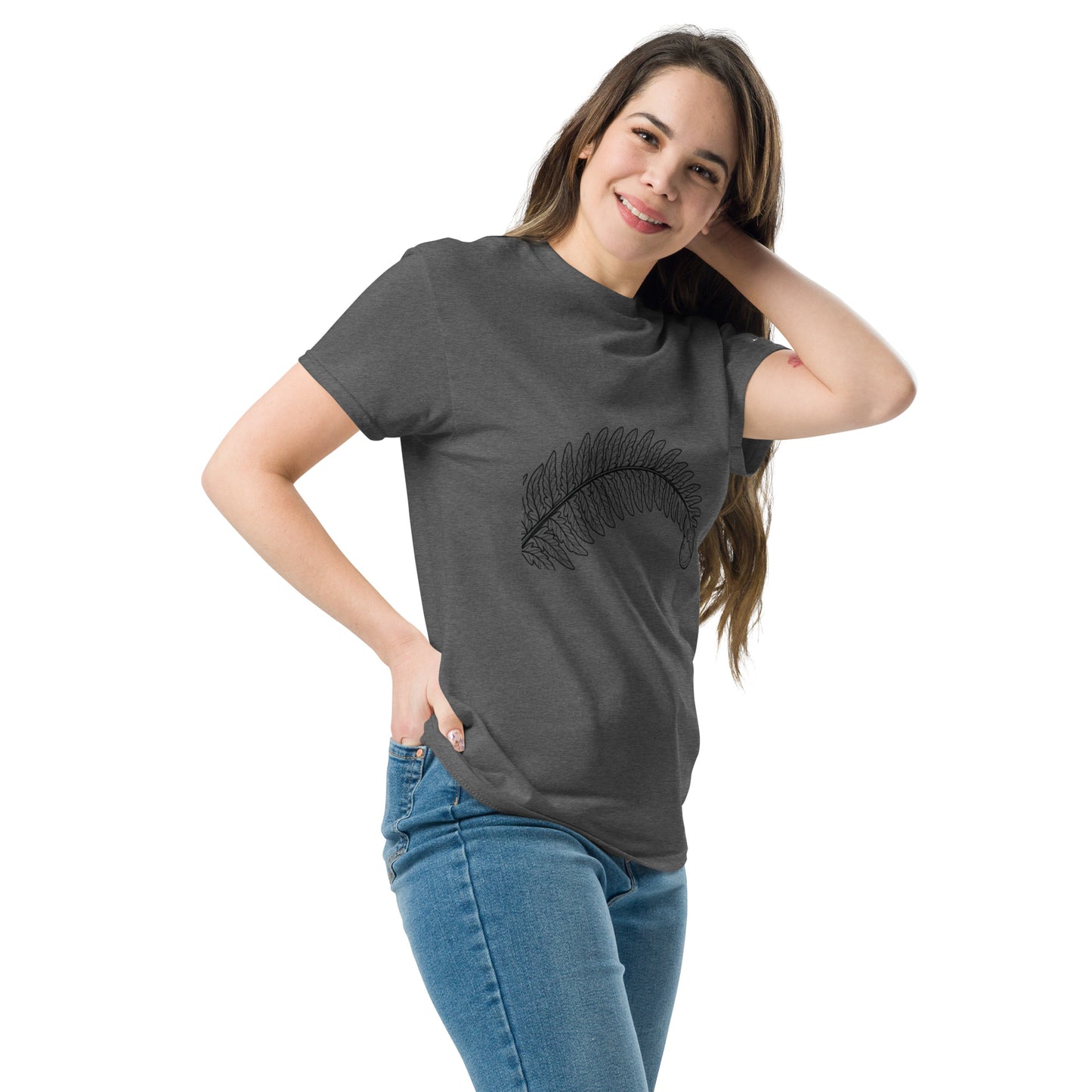 Angled view of a woman modeling the comfortable dark heather grey Novapuro nature t-shirt.