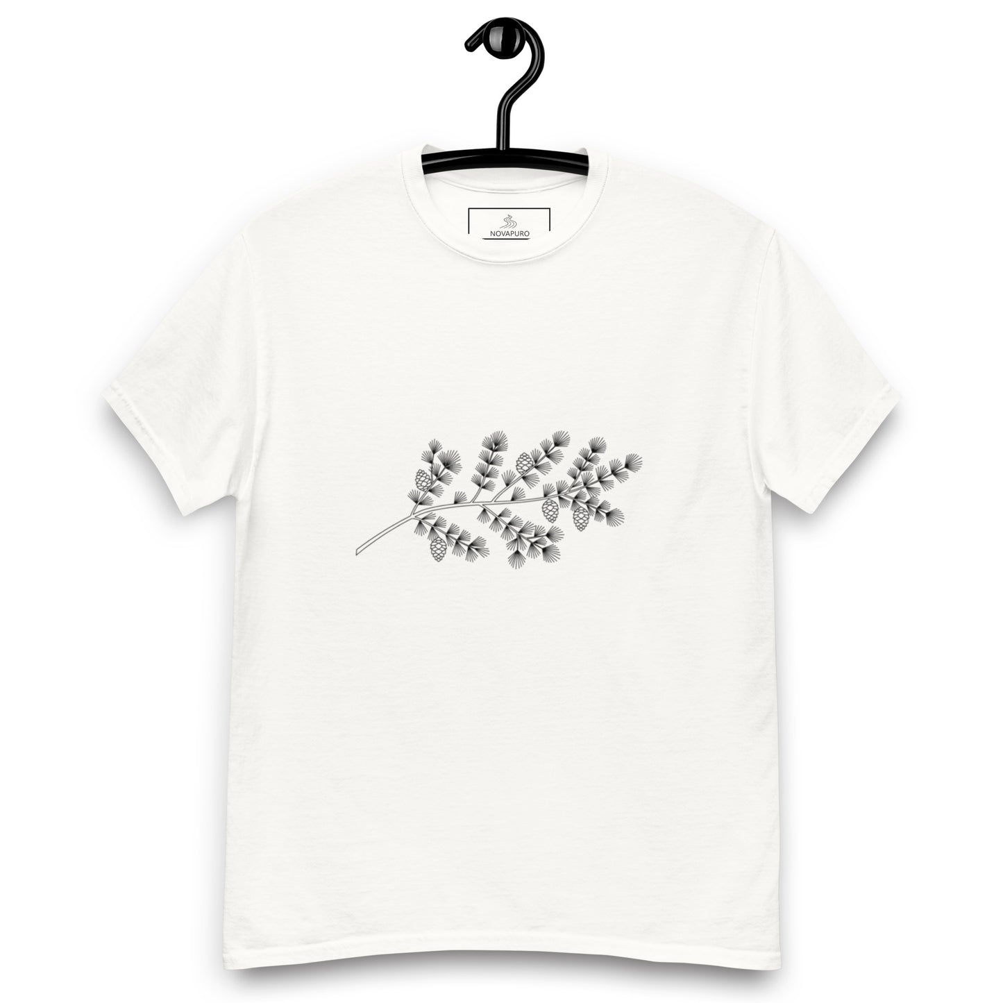 Front view of a white classic t-shirt featuring an elegant minimalist black ink illustration of a Nordic spruce branch centered on the chest.