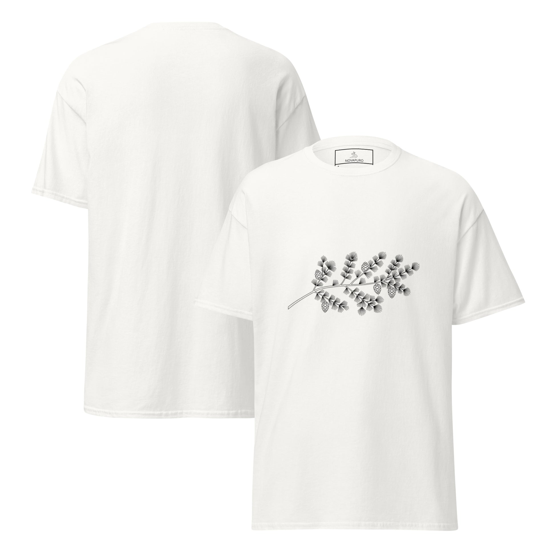 Front view of a white classic t-shirt featuring an elegant minimalist black ink illustration of a Nordic spruce branch centered on the chest.