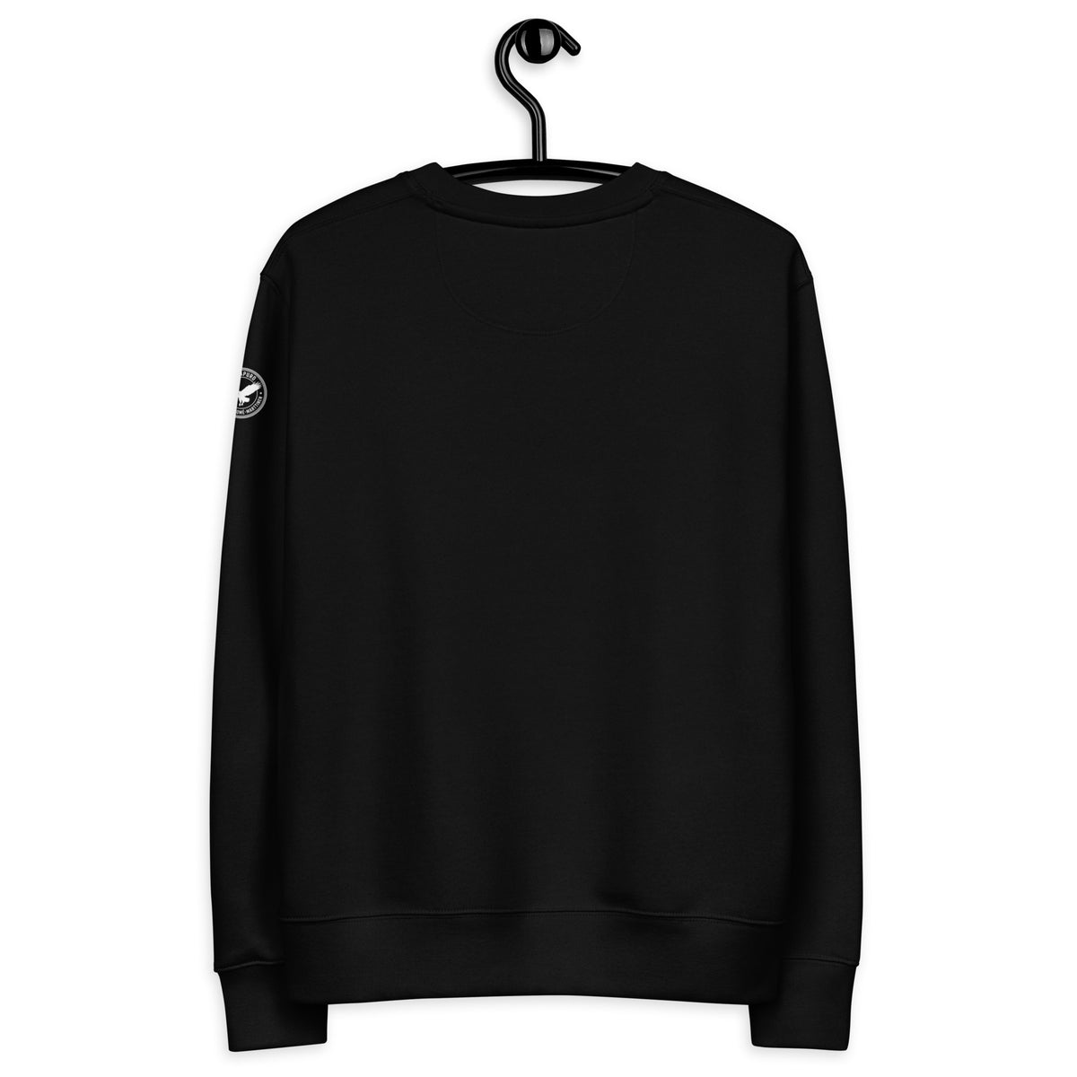 Black unisex organic cotton sweatshirt featuring a minimalist white eagle design on the chest, part of the Annette Thomé-Marttinen x Novapuro sustainable clothing collection.
