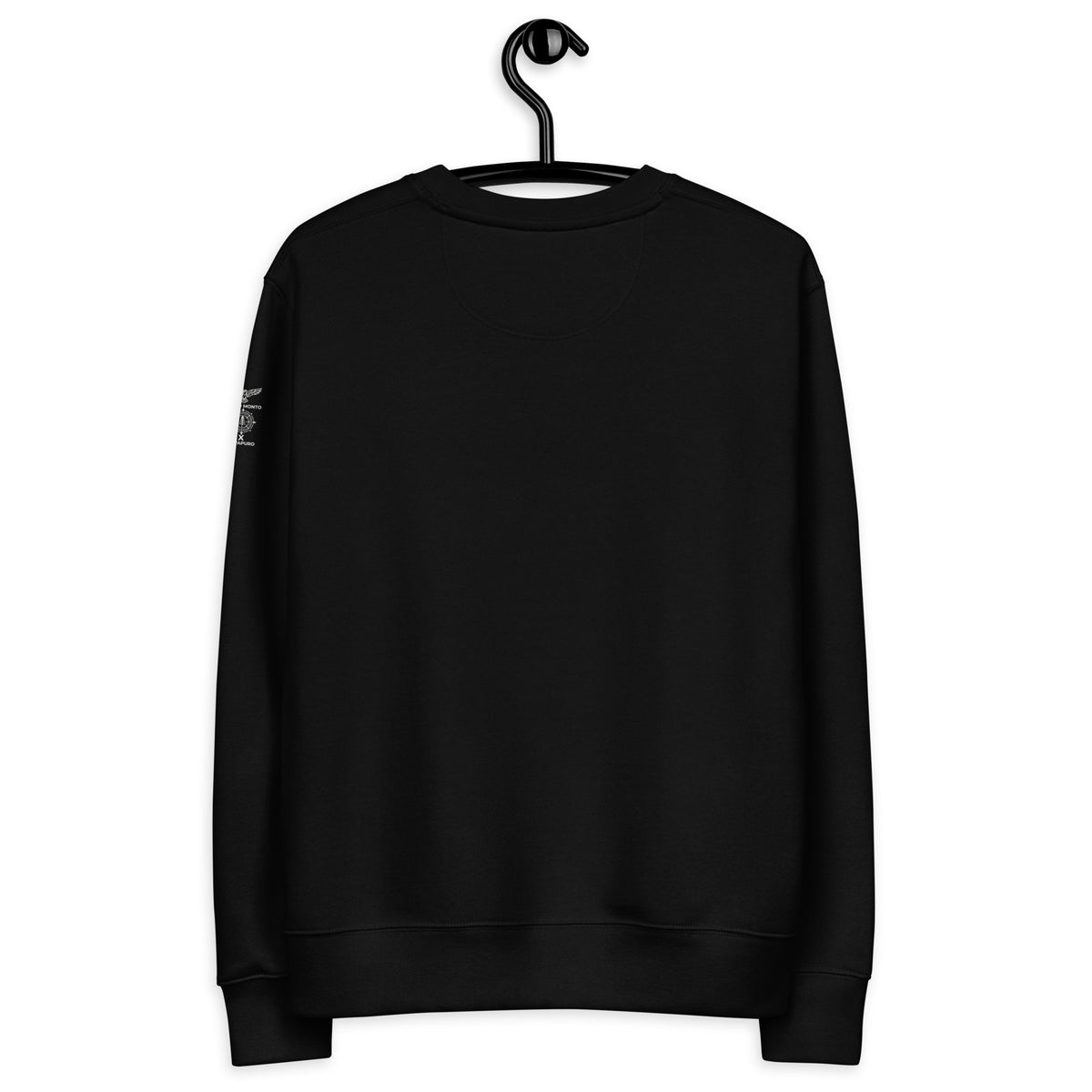 Back view of the clean, minimalist black organic cotton sweatshirt from the Mikko Monto x Novapuro collection
