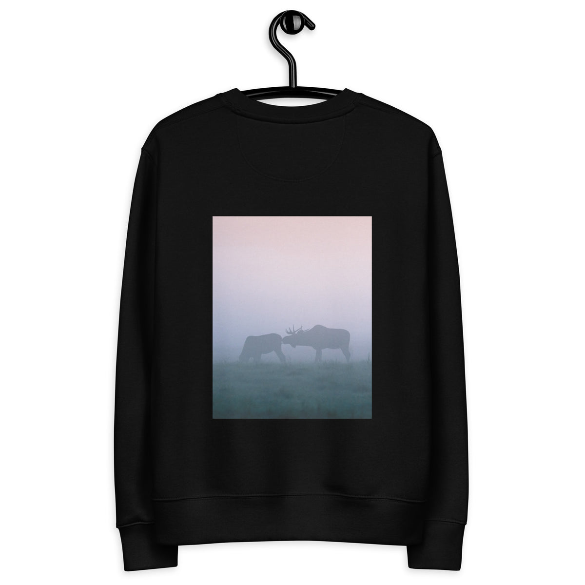 Back view of the eco-friendly unisex sweatshirt in black, showcasing the original wildlife photography print of two moose by Mikko Monto.