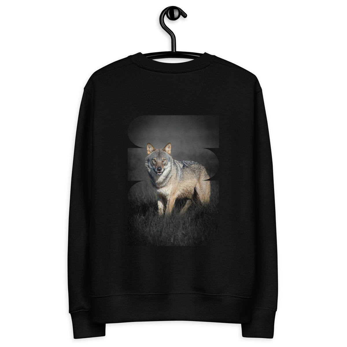 Back view of a black eco-friendly unisex sweatshirt showcasing the majestic Dark Alpha Wolf photograph. Premium 100% organic cotton lifestyle wear.