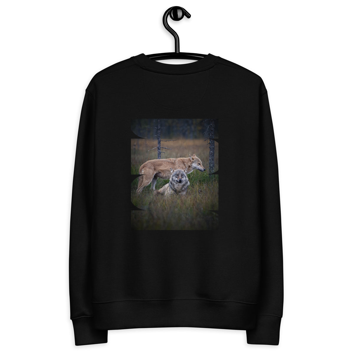 Back view of a black eco-friendly unisex sweatshirt showcasing the 'Leaders of the Pack' wolf photograph. Premium organic lifestyle wear.