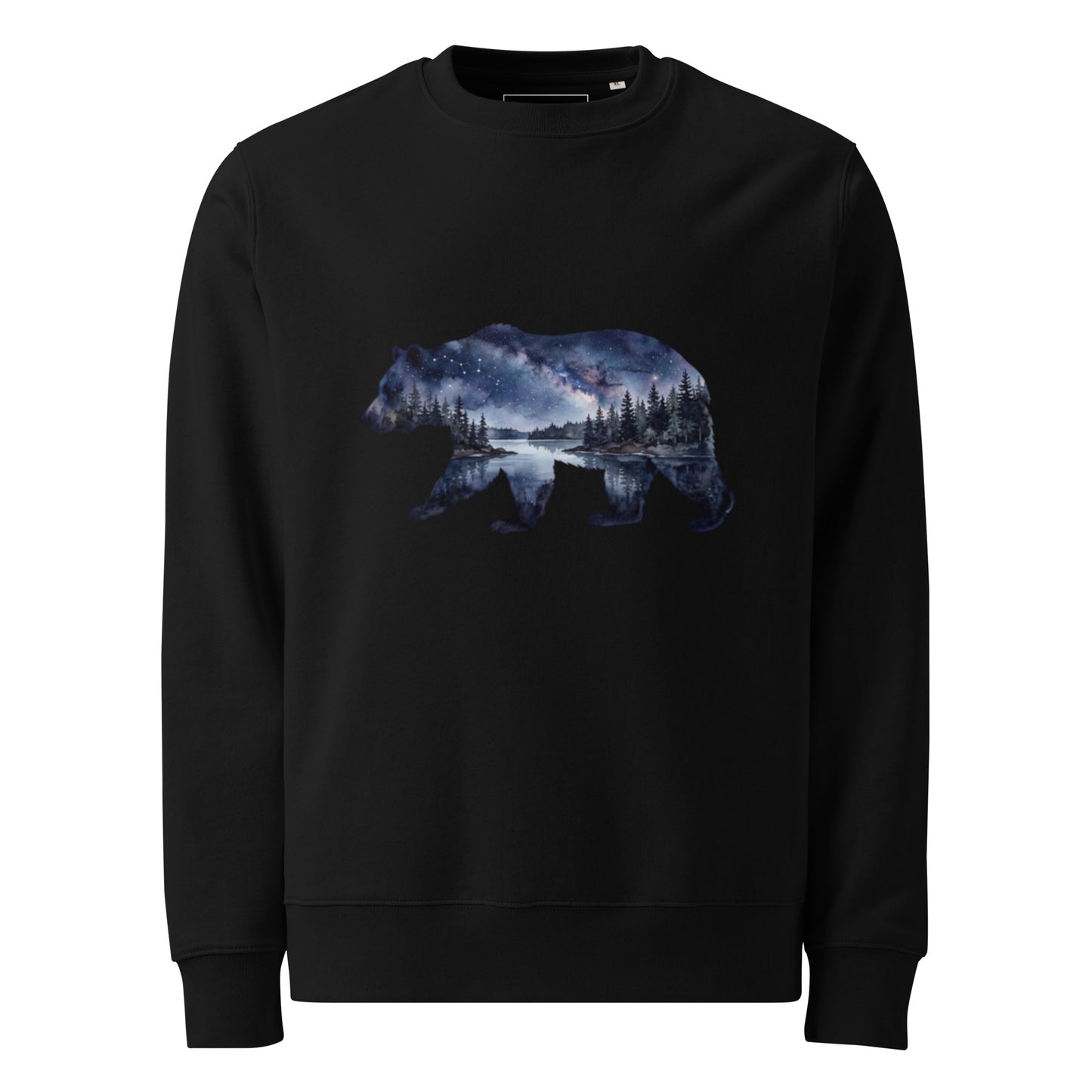 Double exposure bear silhouette graphic with a starry night and lake on a black eco-friendly organic cotton sweatshirt by Novapuro.