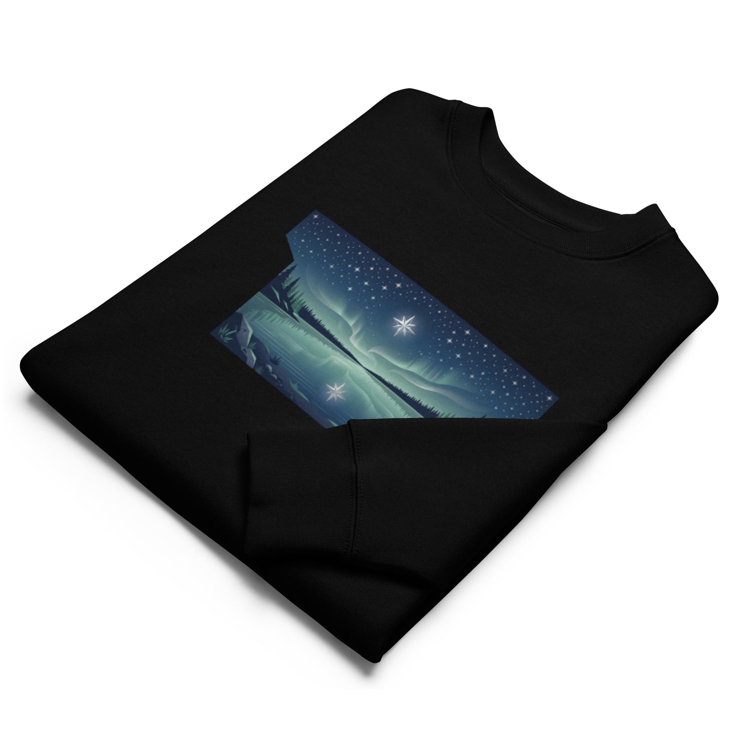 Folded black sustainable organic sweatshirt highlighting the vibrant Northern starry sky graphic and high-quality fabric.