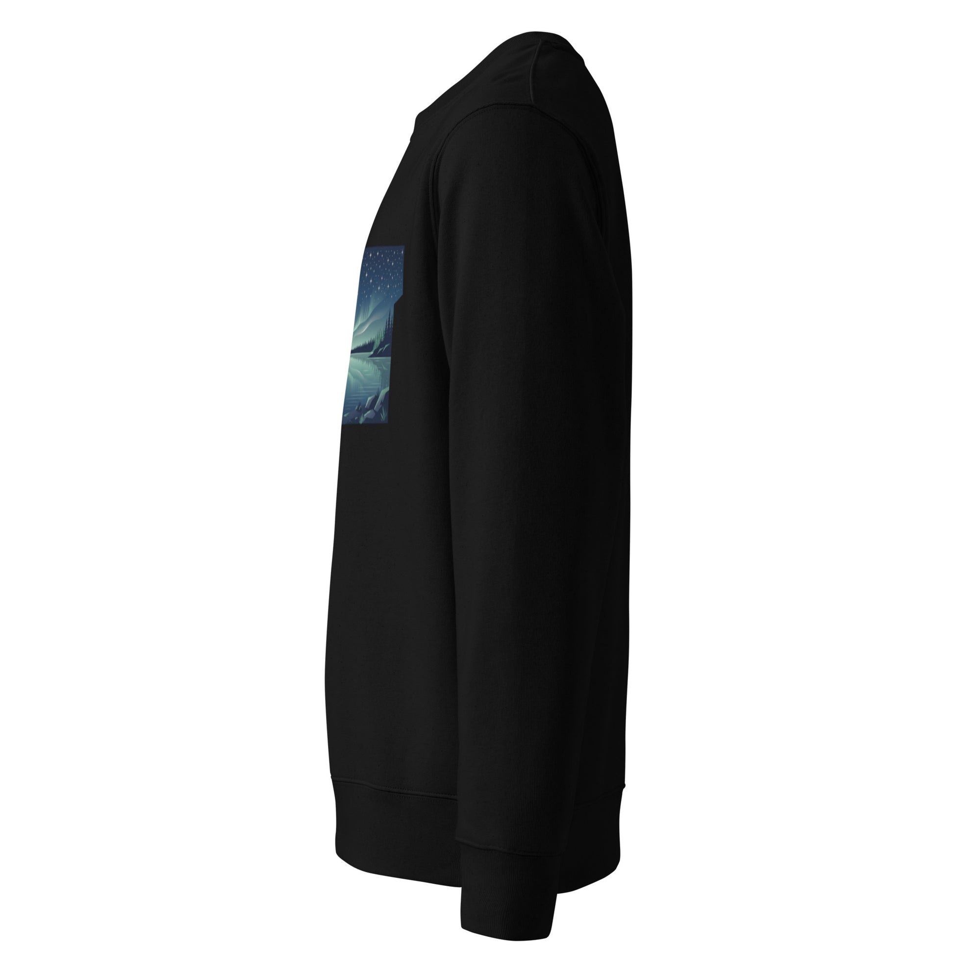 Side angle of a black organic cotton sweatshirt, showing the comfortable regular fit and premium set-in sleeves.