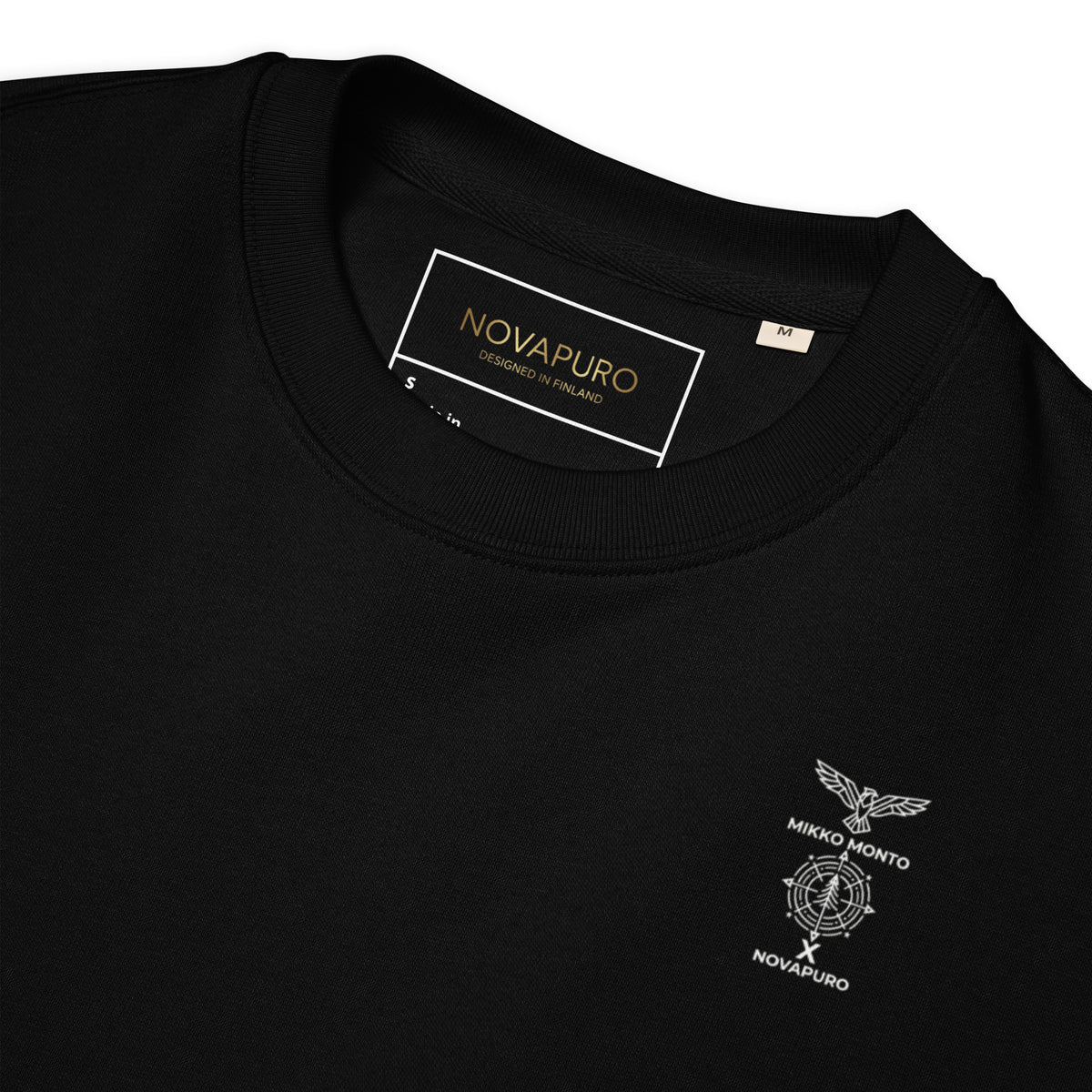 Front view of the clean, minimalist black organic cotton sweatshirt
