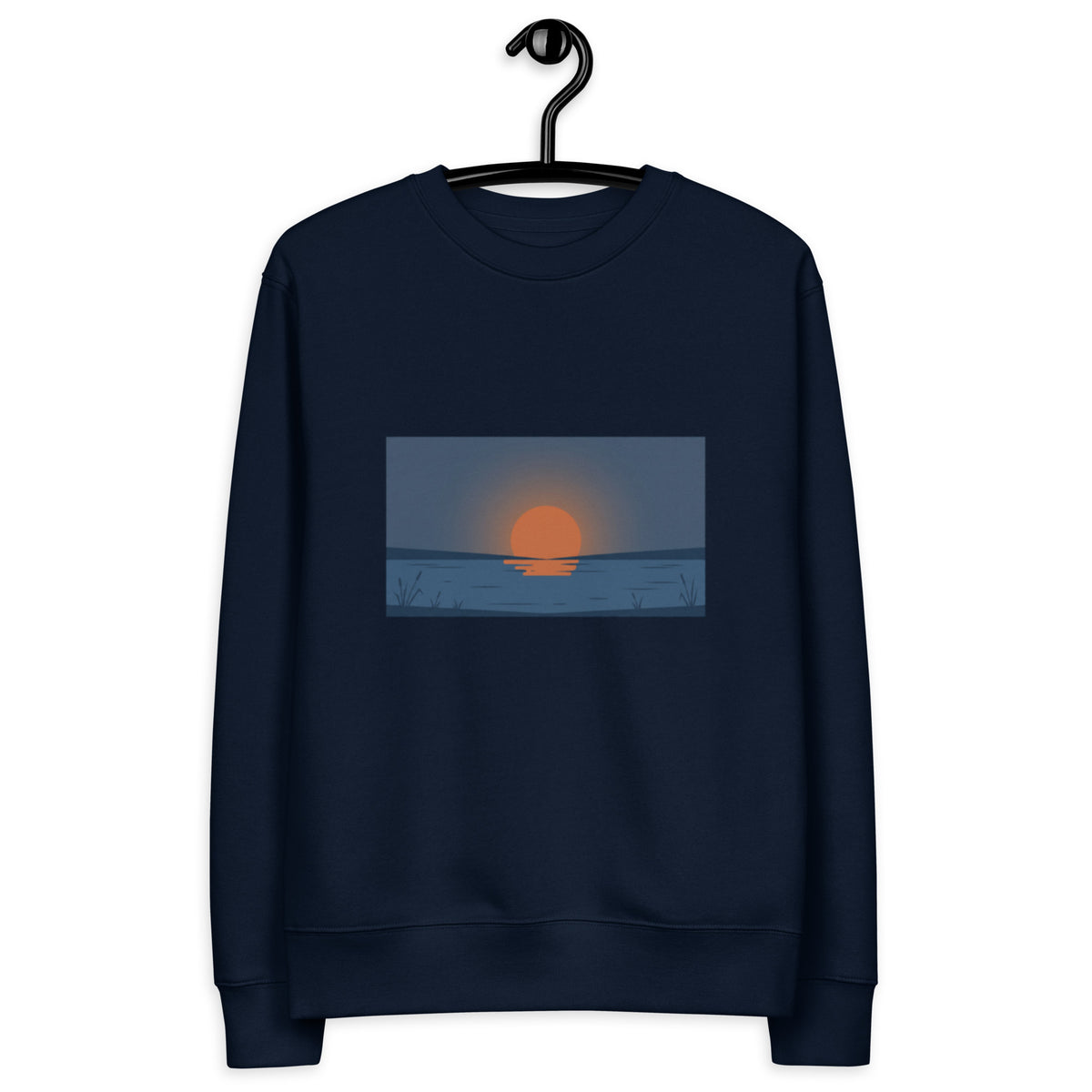 Sustainable dark blue organic cotton sweatshirt featuring a minimalist Nordic midnight sun graphic by Novapuro.