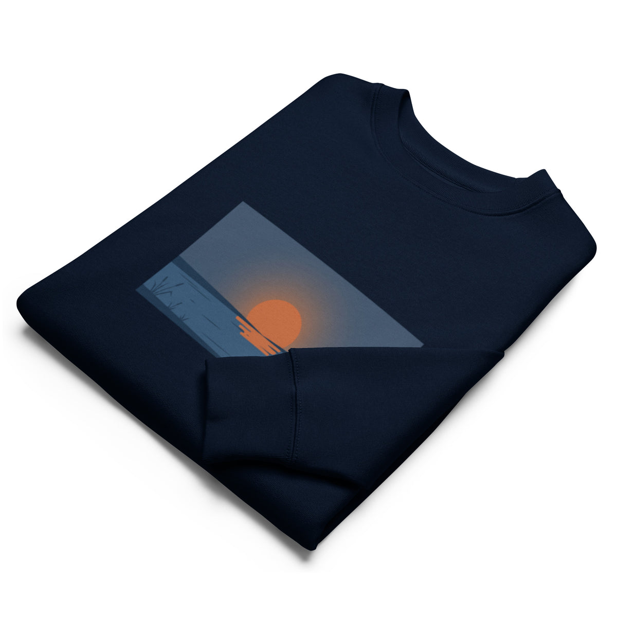 Folded premium organic cotton sweatshirt showcasing a serene Scandinavian lake and sun design.