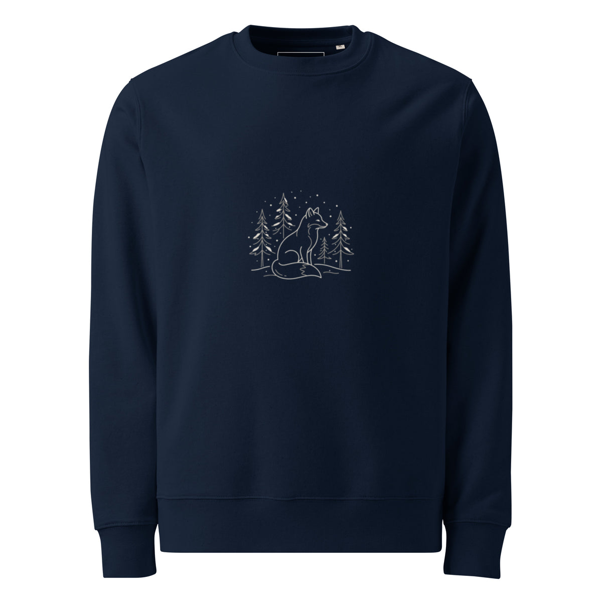 Close-up of the minimalist white arctic fox and pine forest line art print on the chest of a Novapuro navy blue organic sweatshirt.