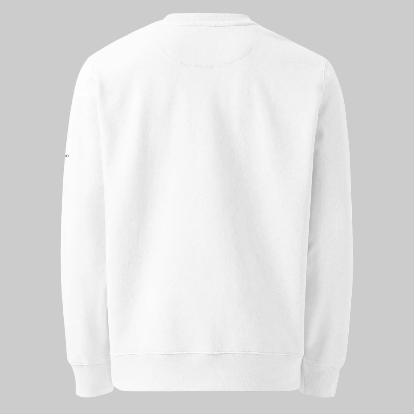 Back view of the plain white Novapuro sustainable premium organic sweatshirt.