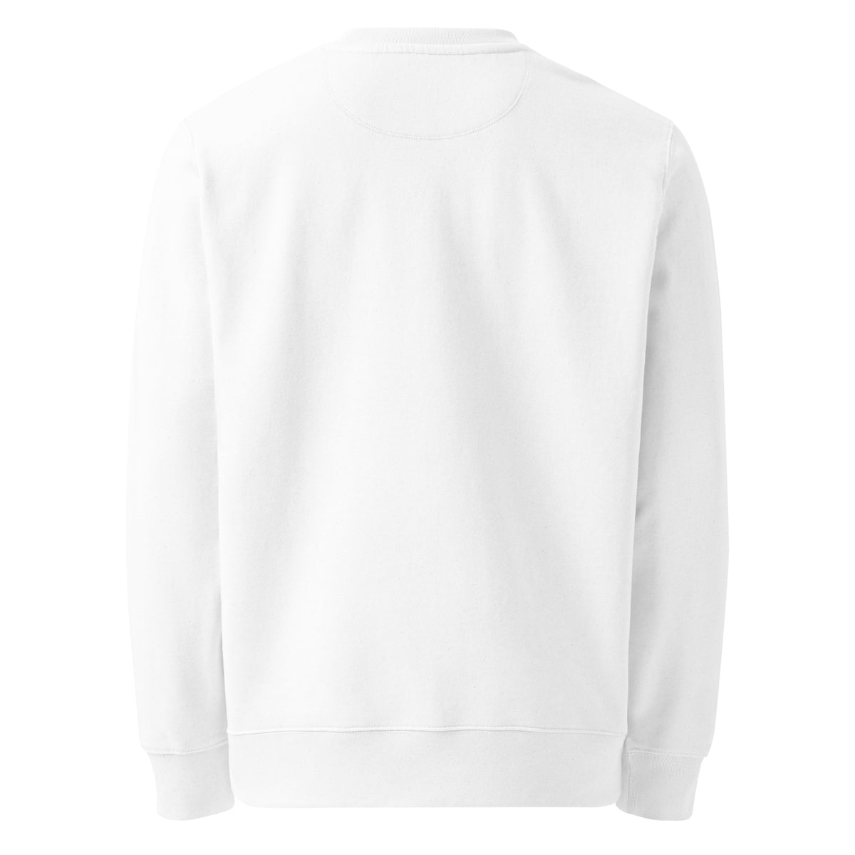 Back view of the premium unisex organic cotton pullover in white, designed for durable and comfortable sustainable fashion.