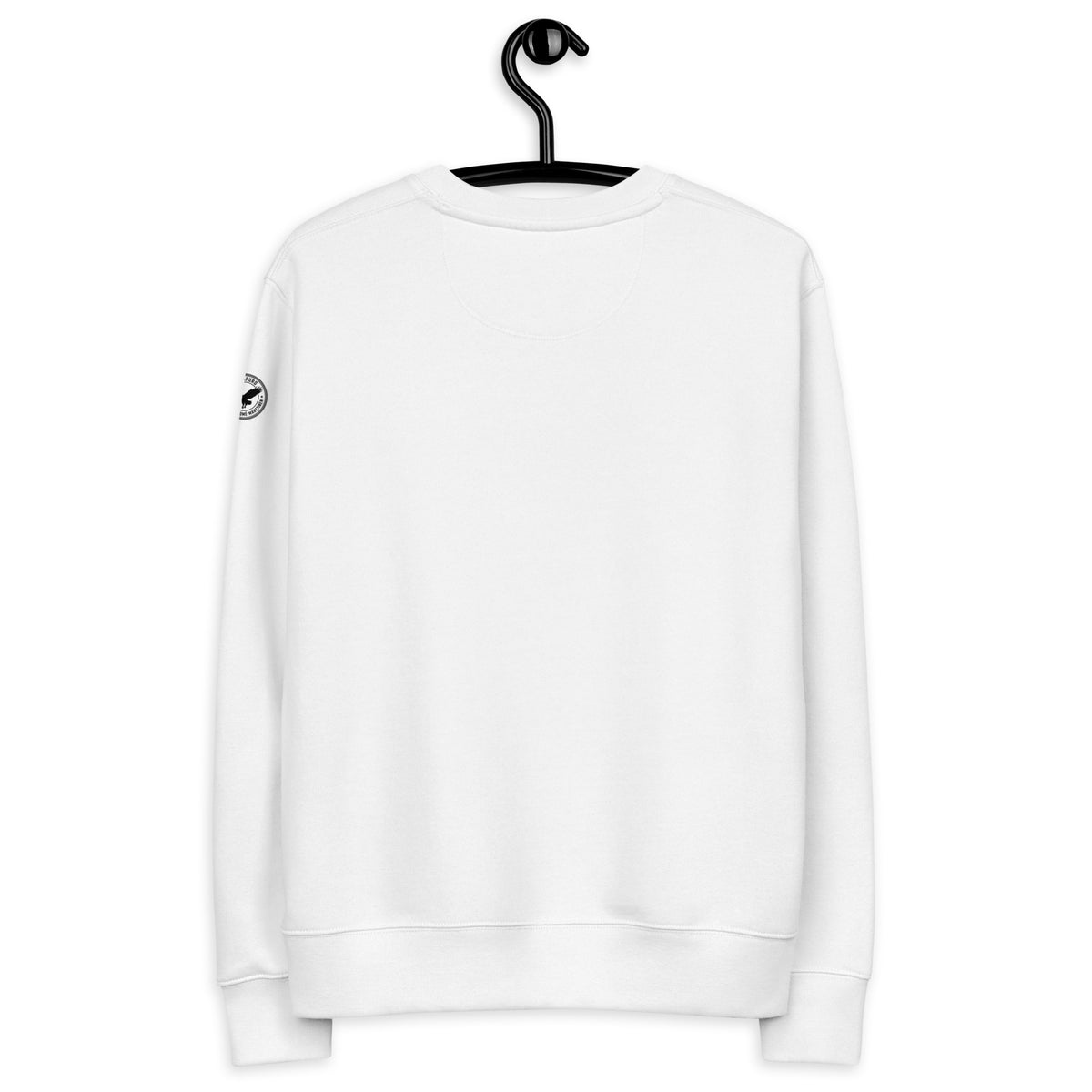 Crisp white unisex organic cotton sweatshirt featuring a minimalist eagle design on the chest, part of the Annette Thomé-Marttinen x Novapuro sustainable clothing collection.
