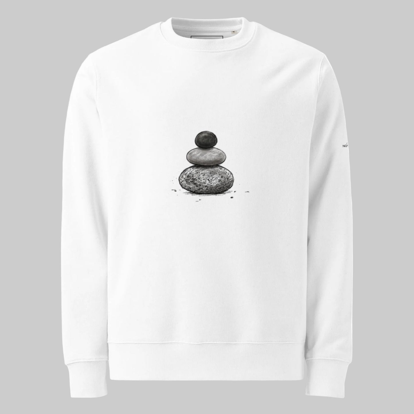 Front view of the crisp white Novapuro premium organic cotton sweatshirt featuring a minimalist Zen stone stack design.