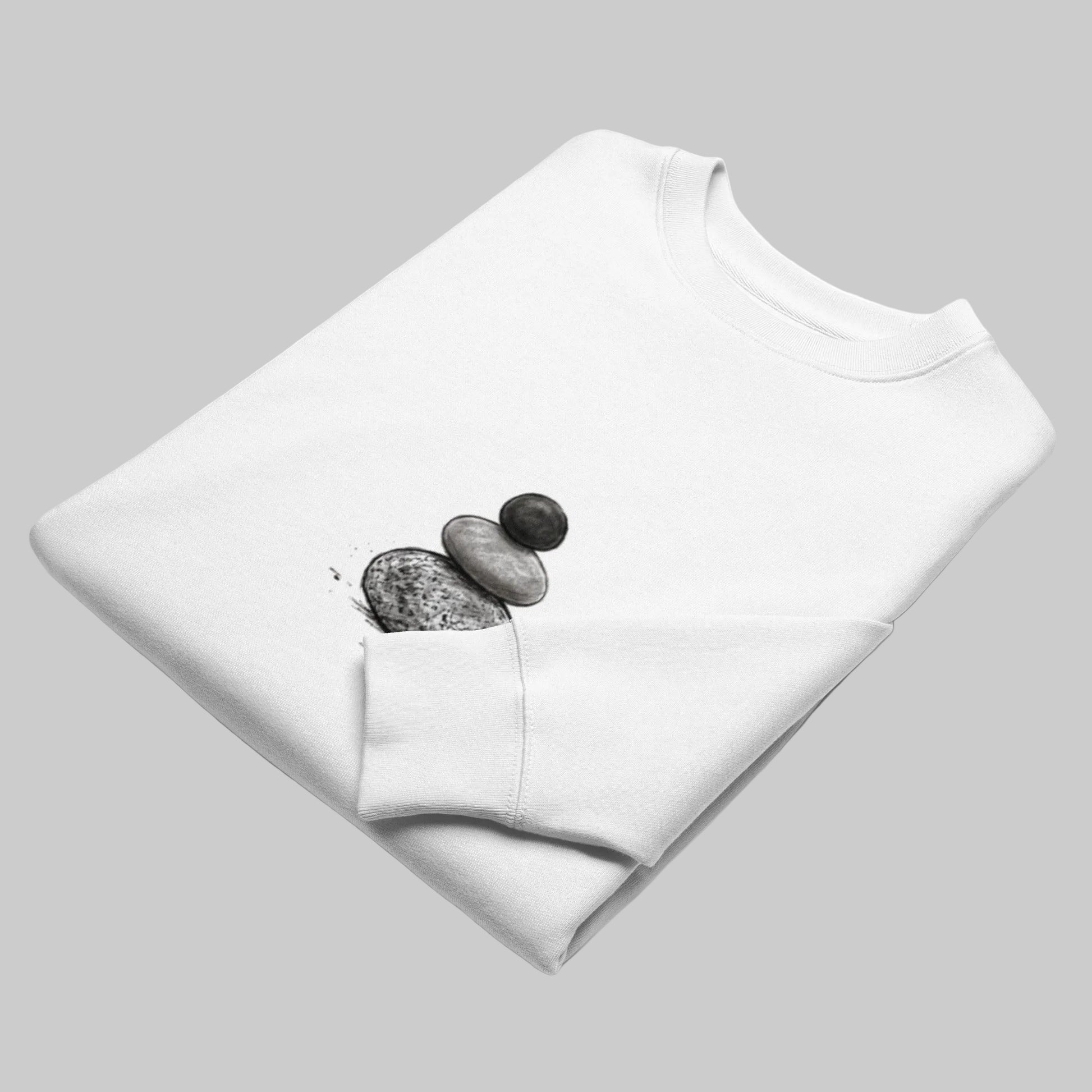 Angled view of the white premium eco sweatshirt by Novapuro highlighting the peaceful Baltic sea stones print.