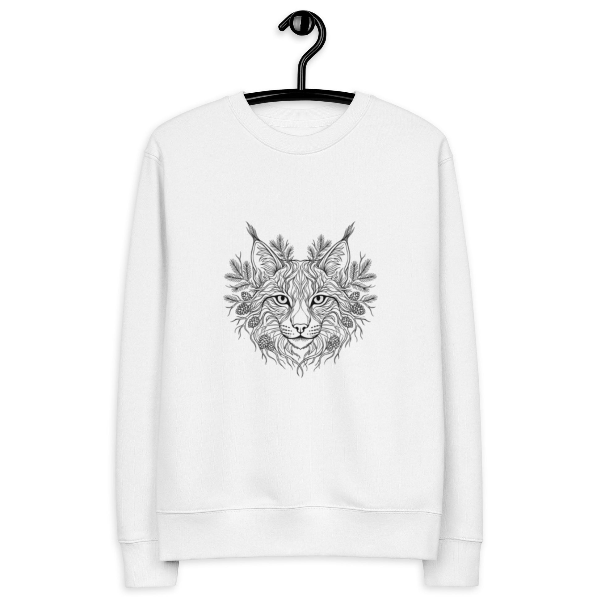 Front view of the minimalist white organic cotton eco sweatshirt featuring a detailed Nordic lynx graphic for comfortable everyday wear.