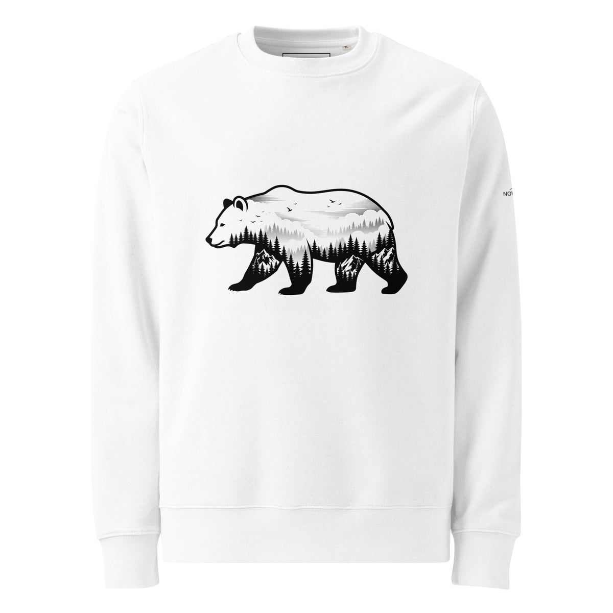 Front view of a white organic sweatshirt with a striking double exposure brown bear and misty forest silhouette on the chest.