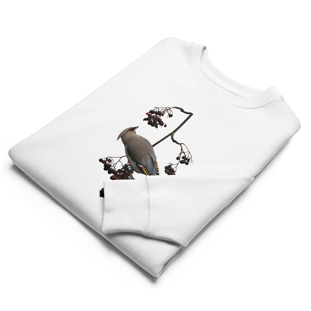 Premium white organic cotton eco sweatshirt featuring a fine art nature photograph of a Nordic Bohemian waxwing from the Tarja x Novapuro collection.