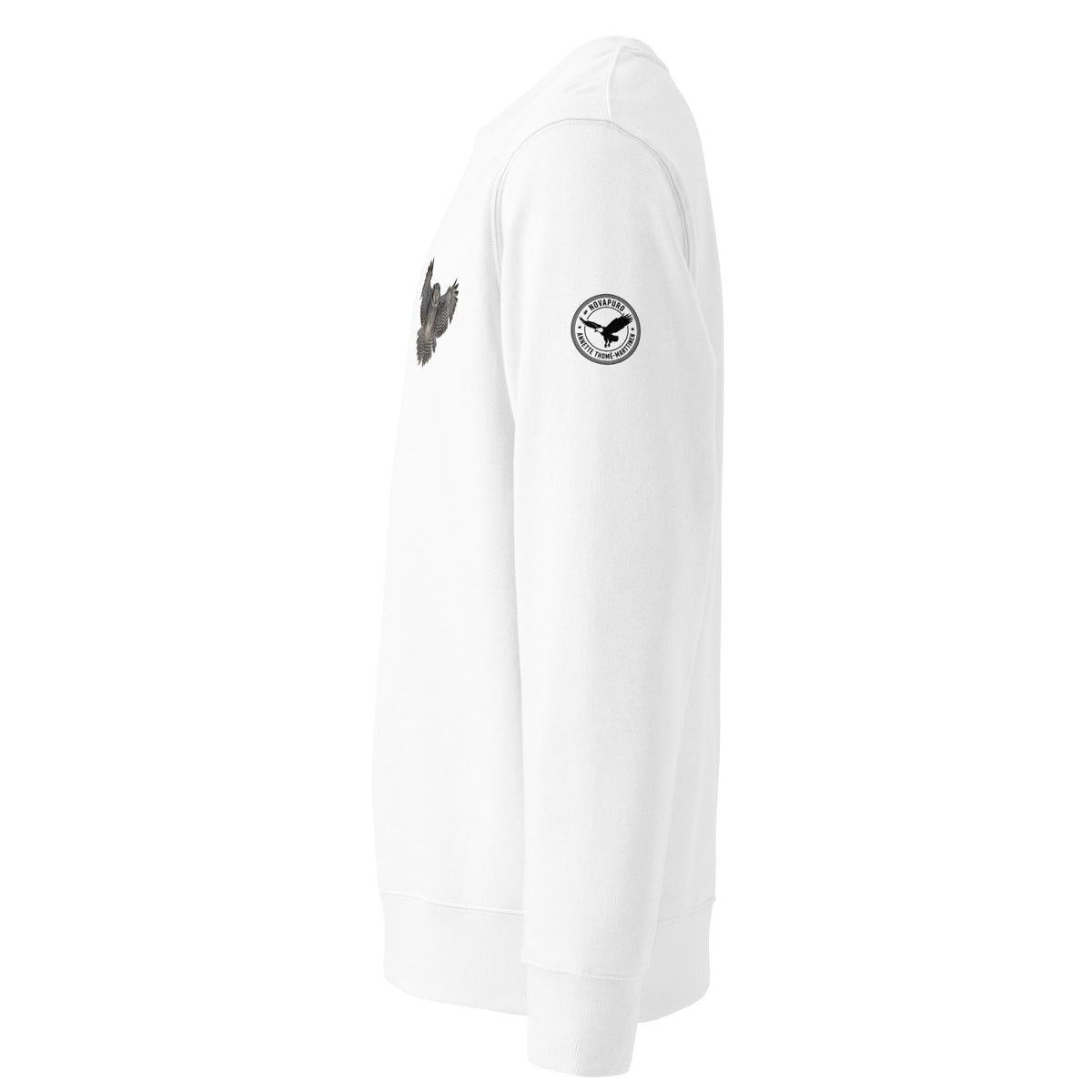 Front view of a person wearing a white unisex organic eco sweatshirt featuring a small Northern Hawk Owl print on the left chest by Annette Thome Marttinen x Novapuro.