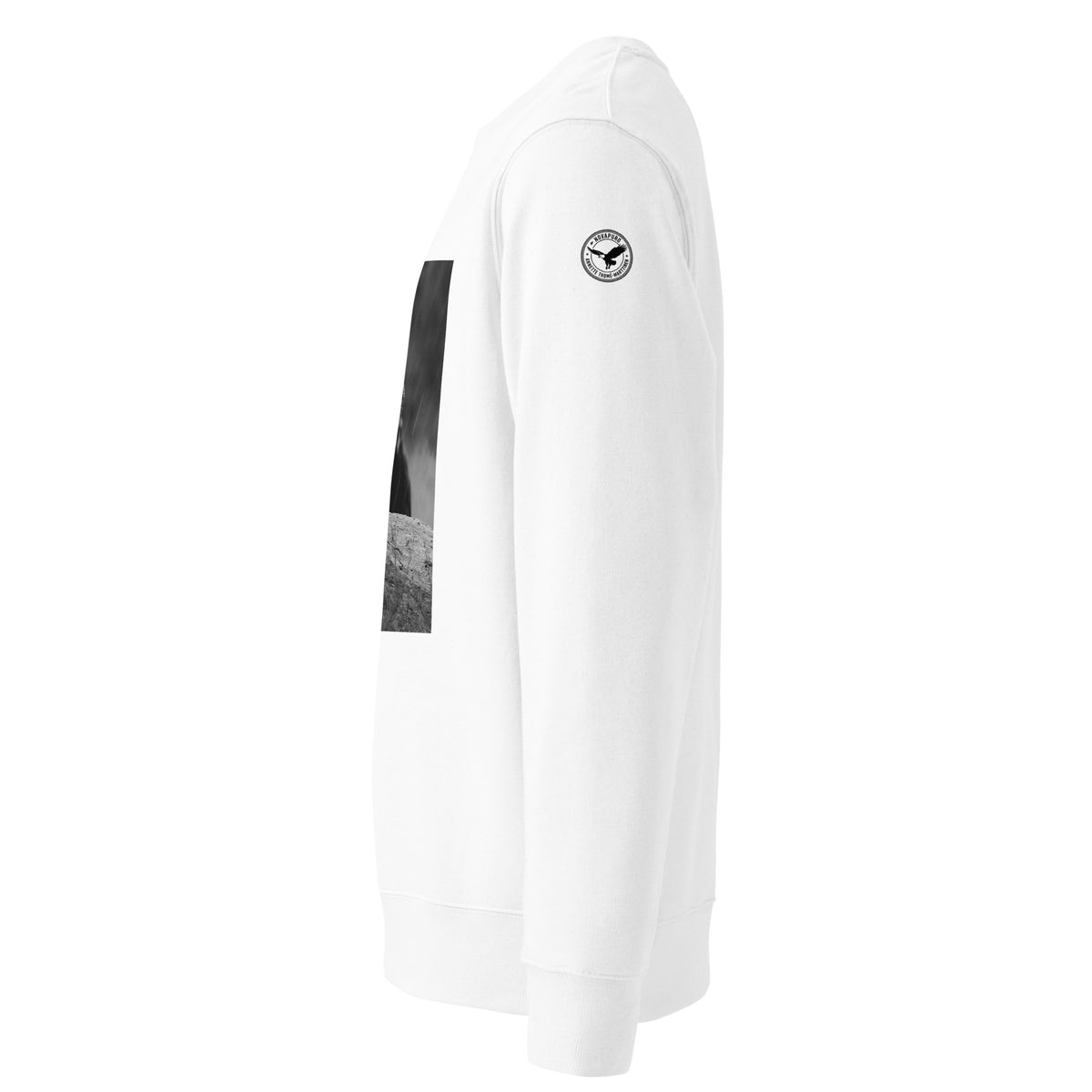 Crisp white unisex organic cotton sweatshirt featuring a minimalist eagle design on the chest, part of the Annette Thomé-Marttinen x Novapuro sustainable clothing collection.