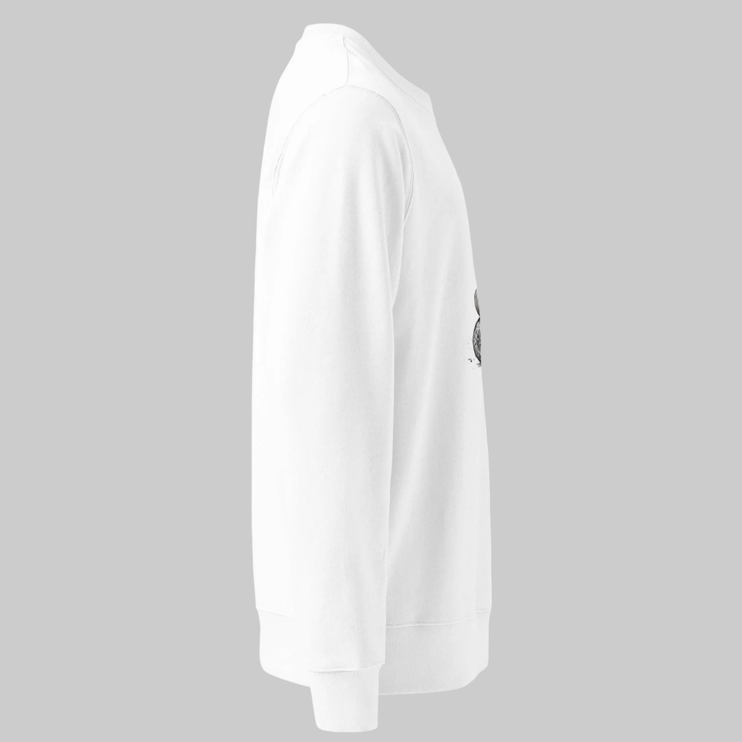 Side view of the clean white Novapuro organic sweatshirt showing the comfortable regular fit and set-in sleeves.