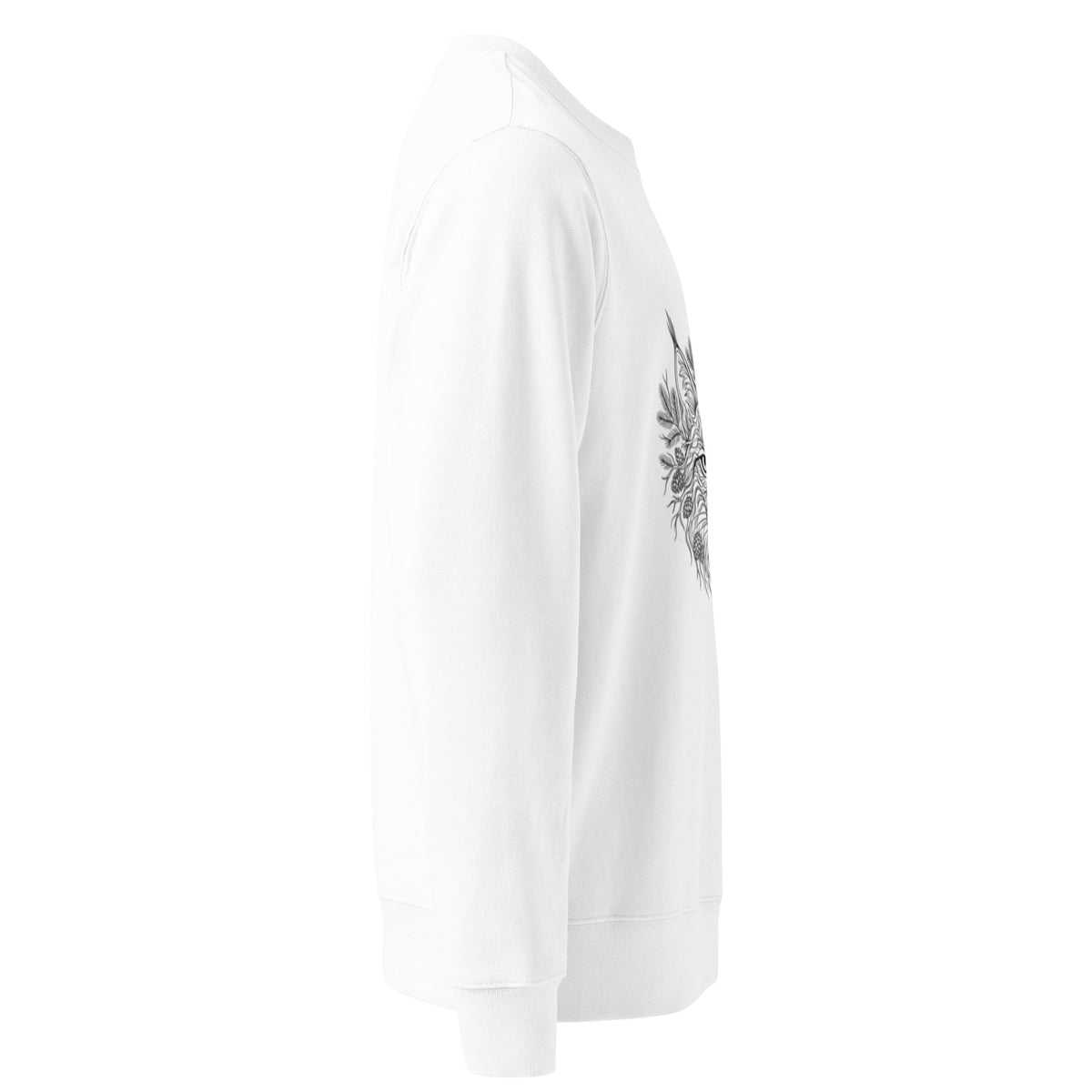 Side angle of the 100% organic cotton unisex sweatshirt in white, showcasing a relaxed fit perfect for a Nordic outdoor lifestyle.