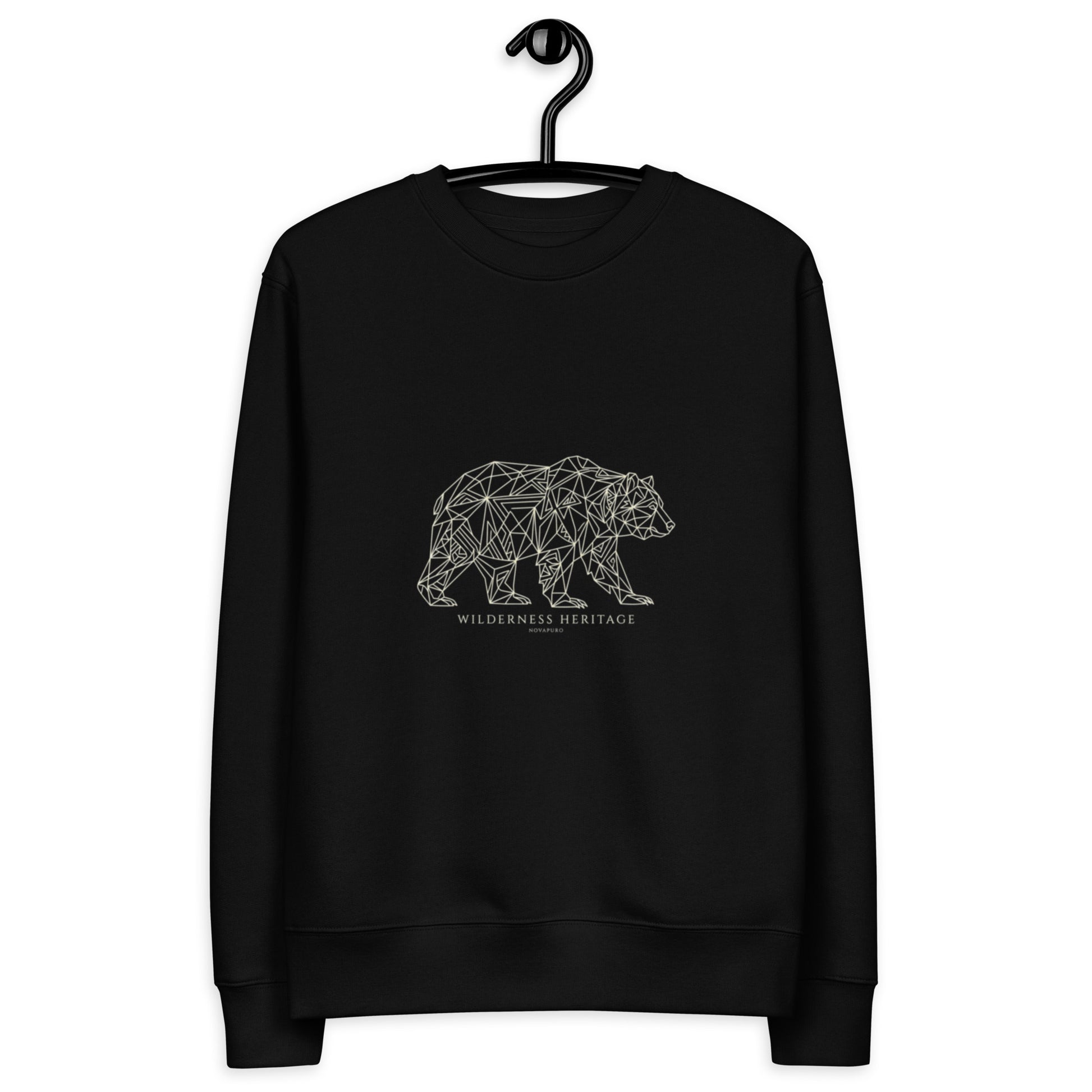 A dark navy premium eco-friendly sweatshirt featuring a minimalist white geometric line art illustration of a bear and the text Wilderness Heritage.