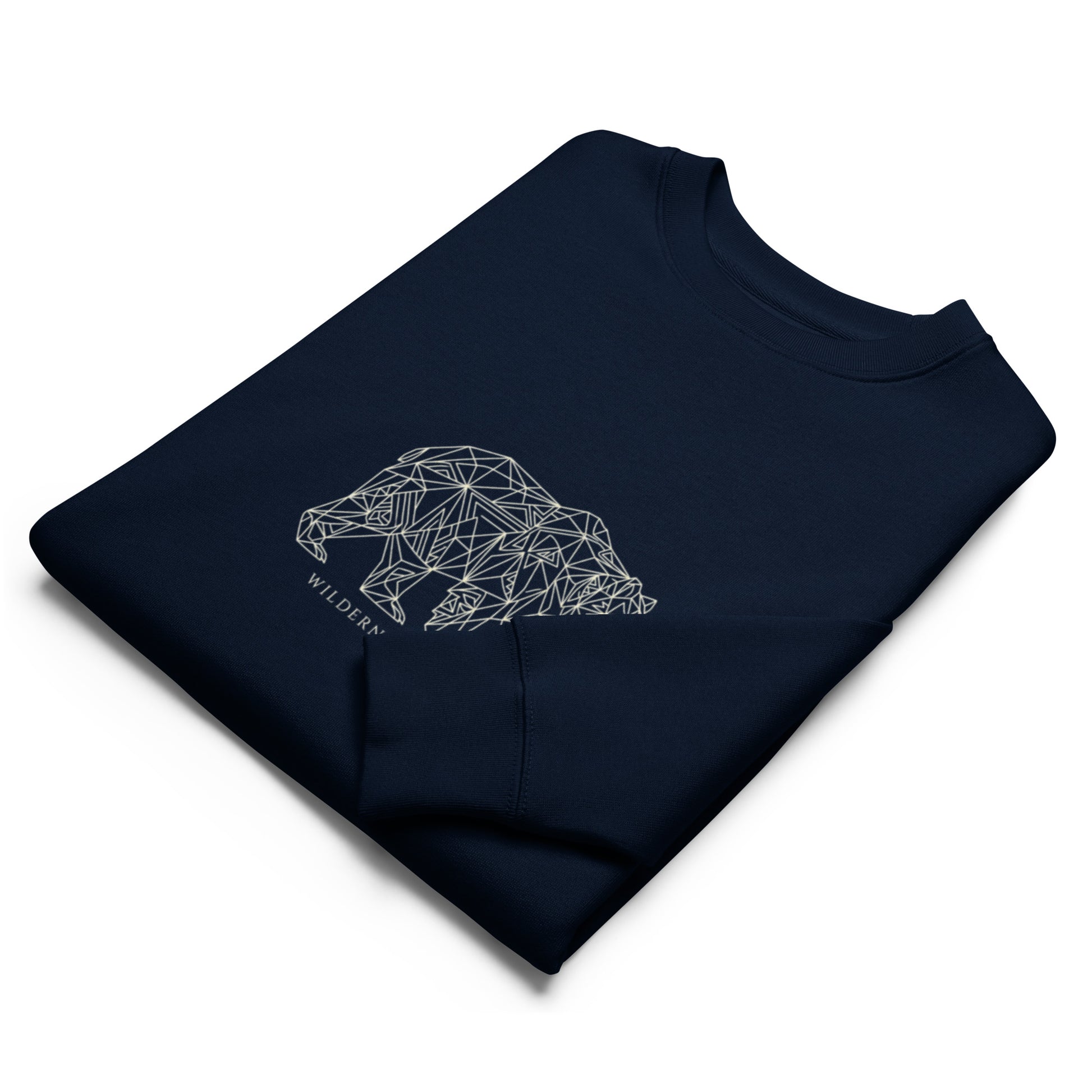 A dark navy premium eco-friendly sweatshirt featuring a minimalist white geometric line art illustration of a bear and the text Wilderness Heritage.
