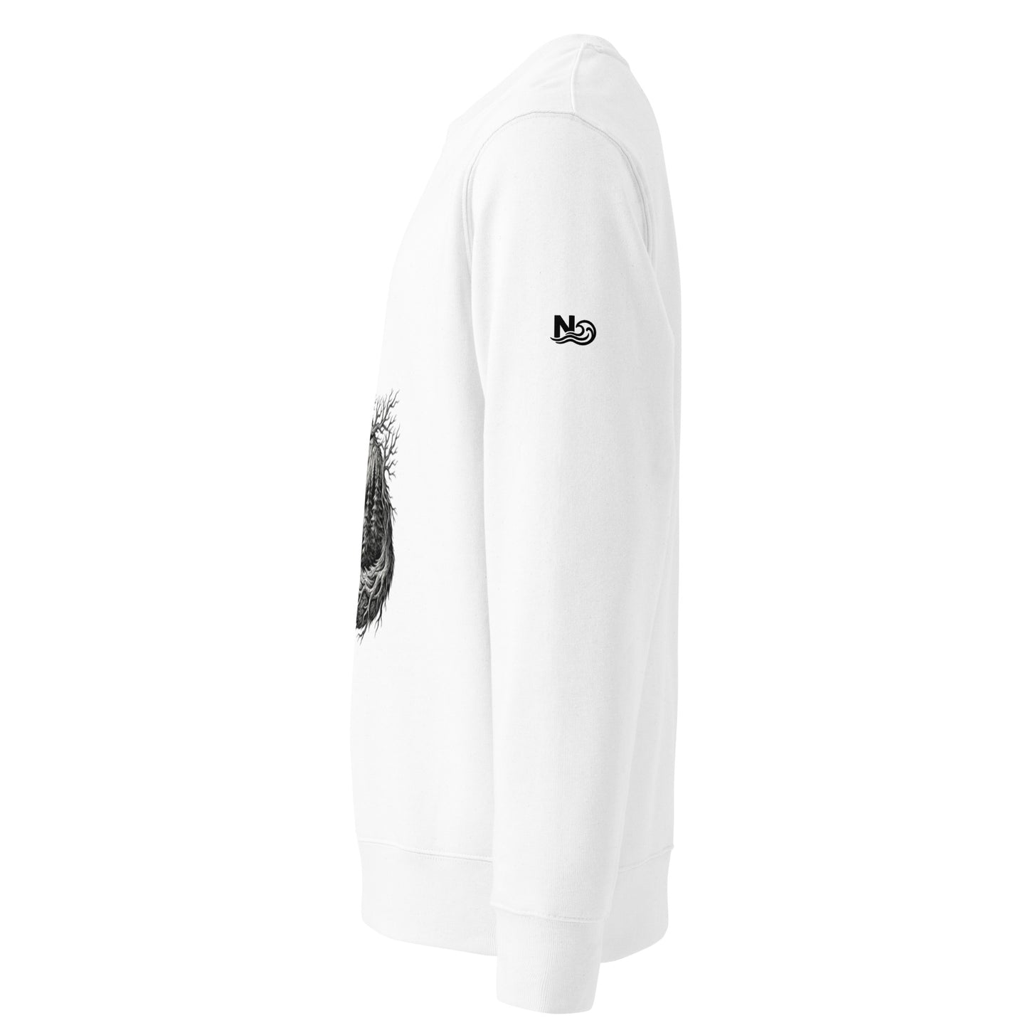 Novapuro Mystic Wolf Organic Sweatshirt. Artistic double exposure illustration of a wolf howling at the moon with a forest landscape inside. White premium sustainable organic cotton crewneck.