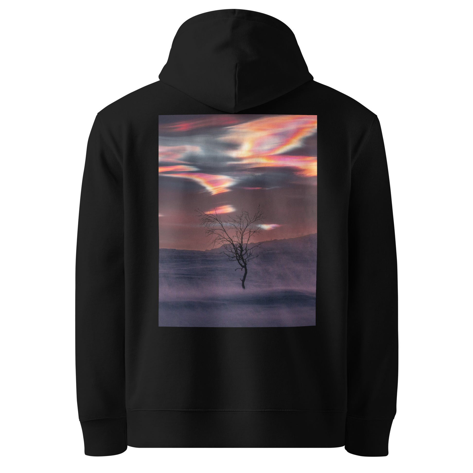Back view of the black Jetro Luhtaa x Novapuro organic hoodie featuring a stunning nacreous clouds photography print.