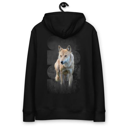 Black organic cotton hoodie featuring a majestic Nordic wolf design on the back, a sustainable collaboration between Novapuro and Auli Leivonen.