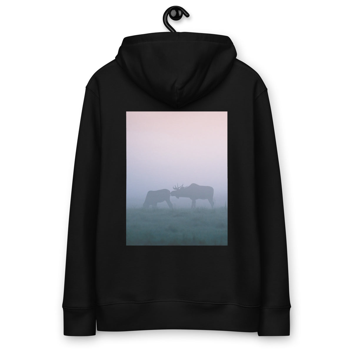 ack view of the eco-friendly heavyweight hoodie in black, showcasing the original wildlife photography print of two moose by Mikko Monto