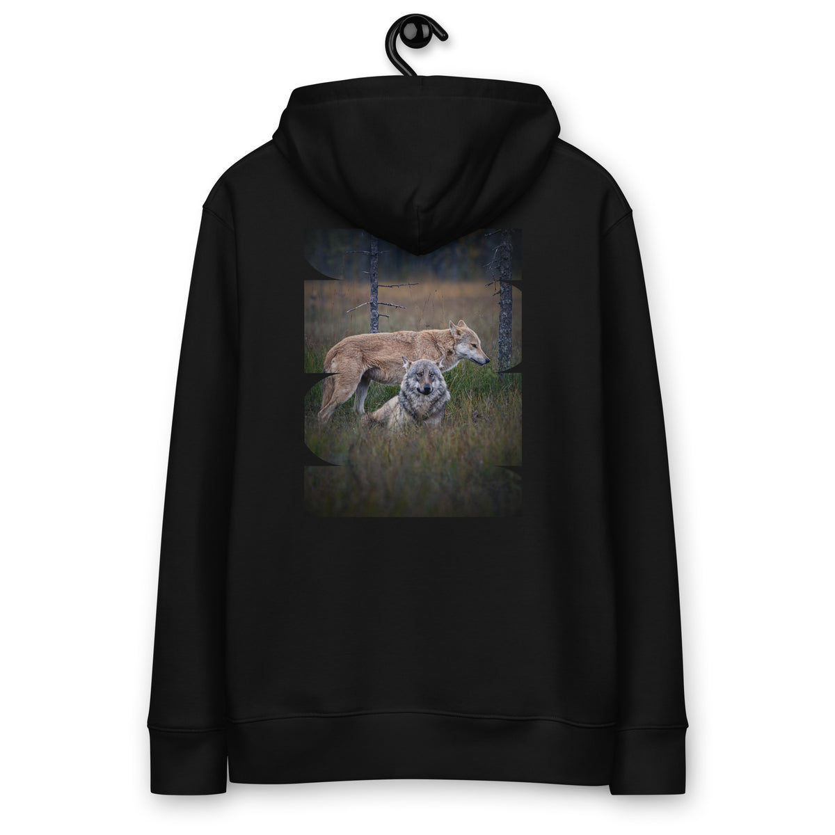 Back view of a black eco-friendly unisex hoodie featuring the striking 'Leaders of the Pack' wolf couple photograph. Premium 100% organic cotton lifestyle wear.