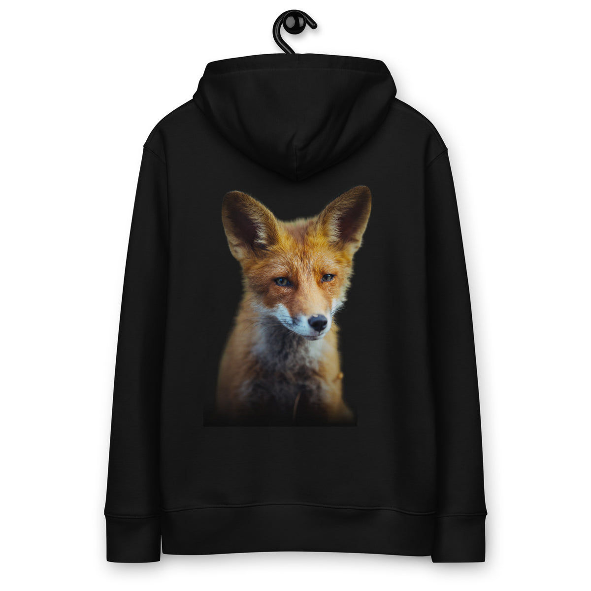 Black unisex eco hoodie made of 100% organic cotton featuring a Nordic fox wildlife photograph by Johannes Immonen.