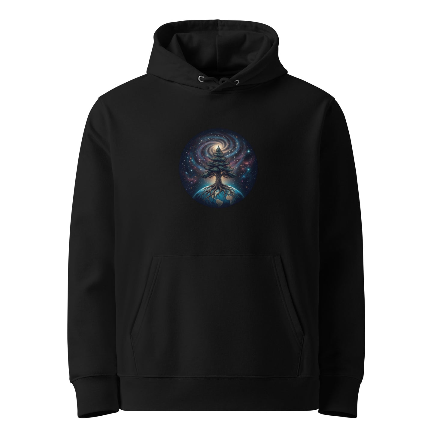 A black unisex organic cotton hoodie featuring a vibrant cosmic tree of life and galaxy illustration on the chest.