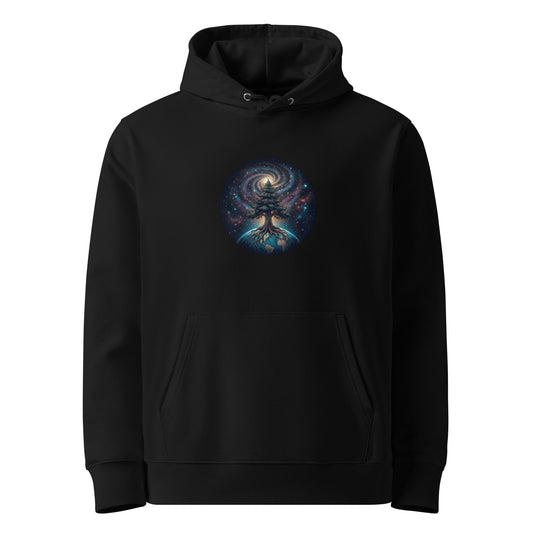 A black unisex organic cotton hoodie featuring a vibrant cosmic tree of life and galaxy illustration on the chest.