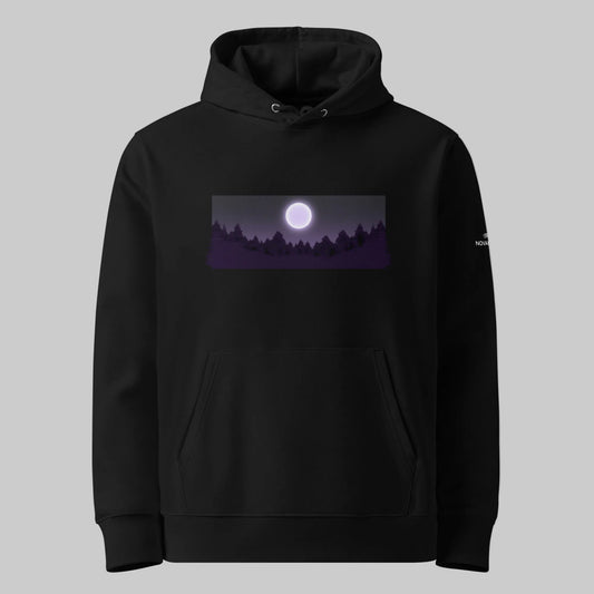 Minimalist vector illustration of a Finnish pine forest silhouette under a full moon on a black premium organic cotton hoodie by Novapuro.