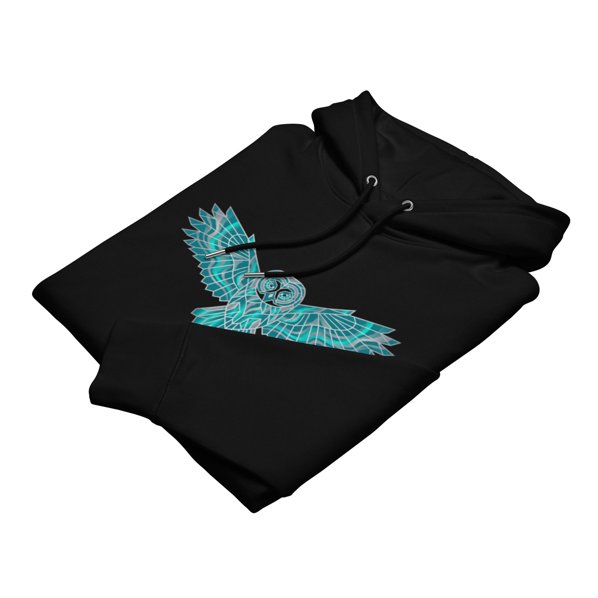 Folded black premium eco hoodie by Novapuro displaying the vibrant geometric teal owl chest print.