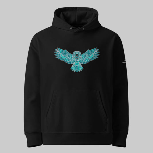 Geometric teal and silver silhouette of a Great Grey Owl on a black premium organic cotton hoodie by Novapuro.