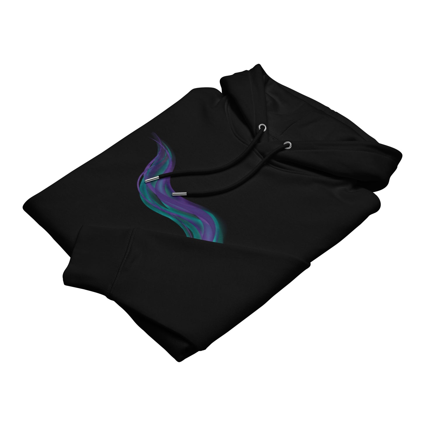 Angled view of the black premium eco hoodie by Novapuro highlighting the minimalist aurora wave print.
