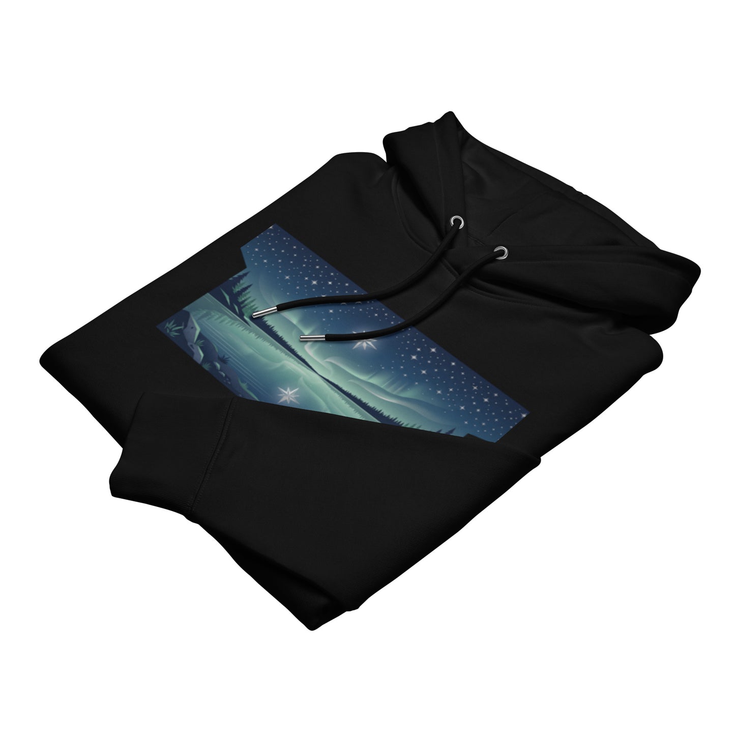 Folded black sustainable organic hoodie highlighting the vibrant Northern starry sky graphic and premium fabric quality.