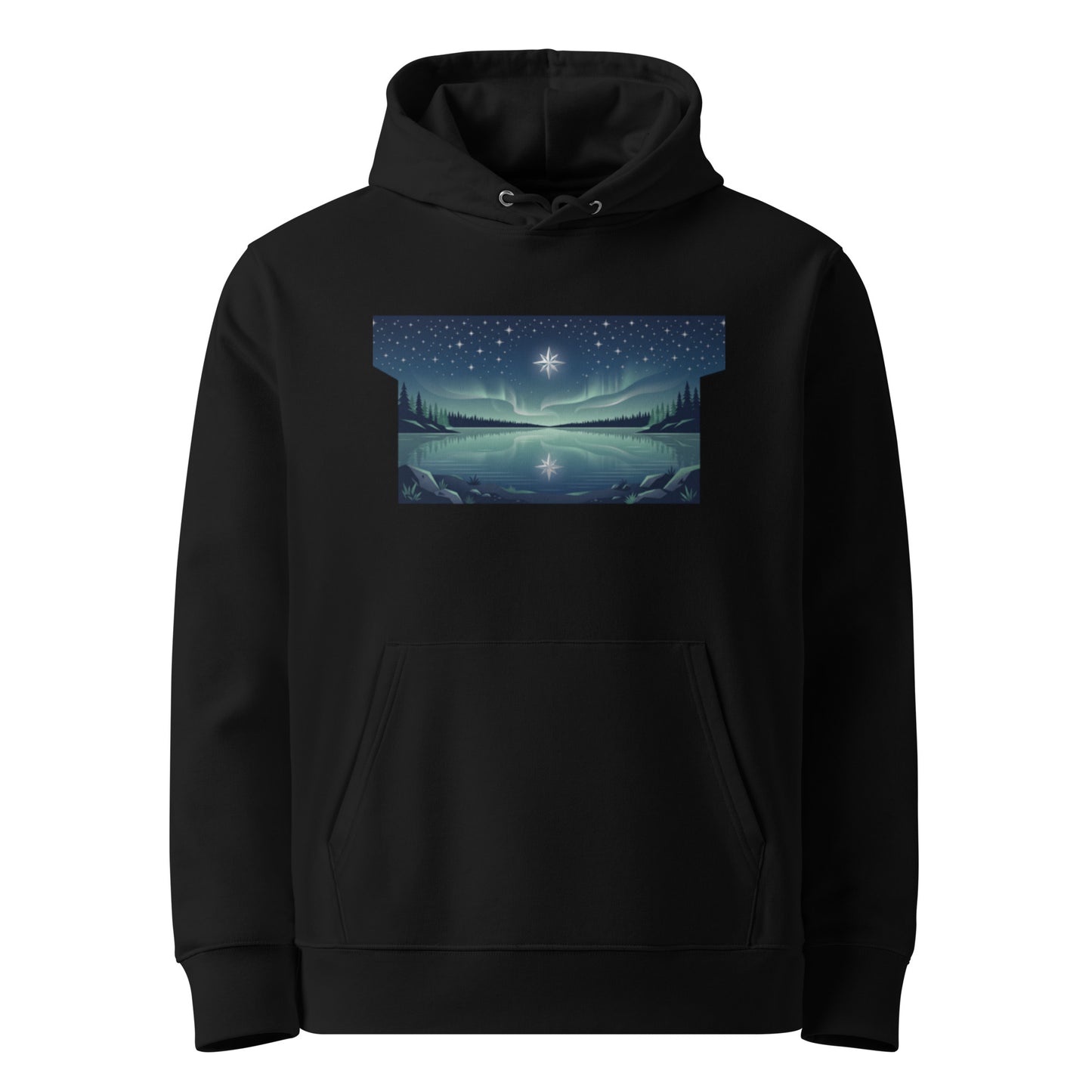 Front view of a black sustainable organic cotton hoodie featuring a serene Northern starry sky and lake reflection graphic.