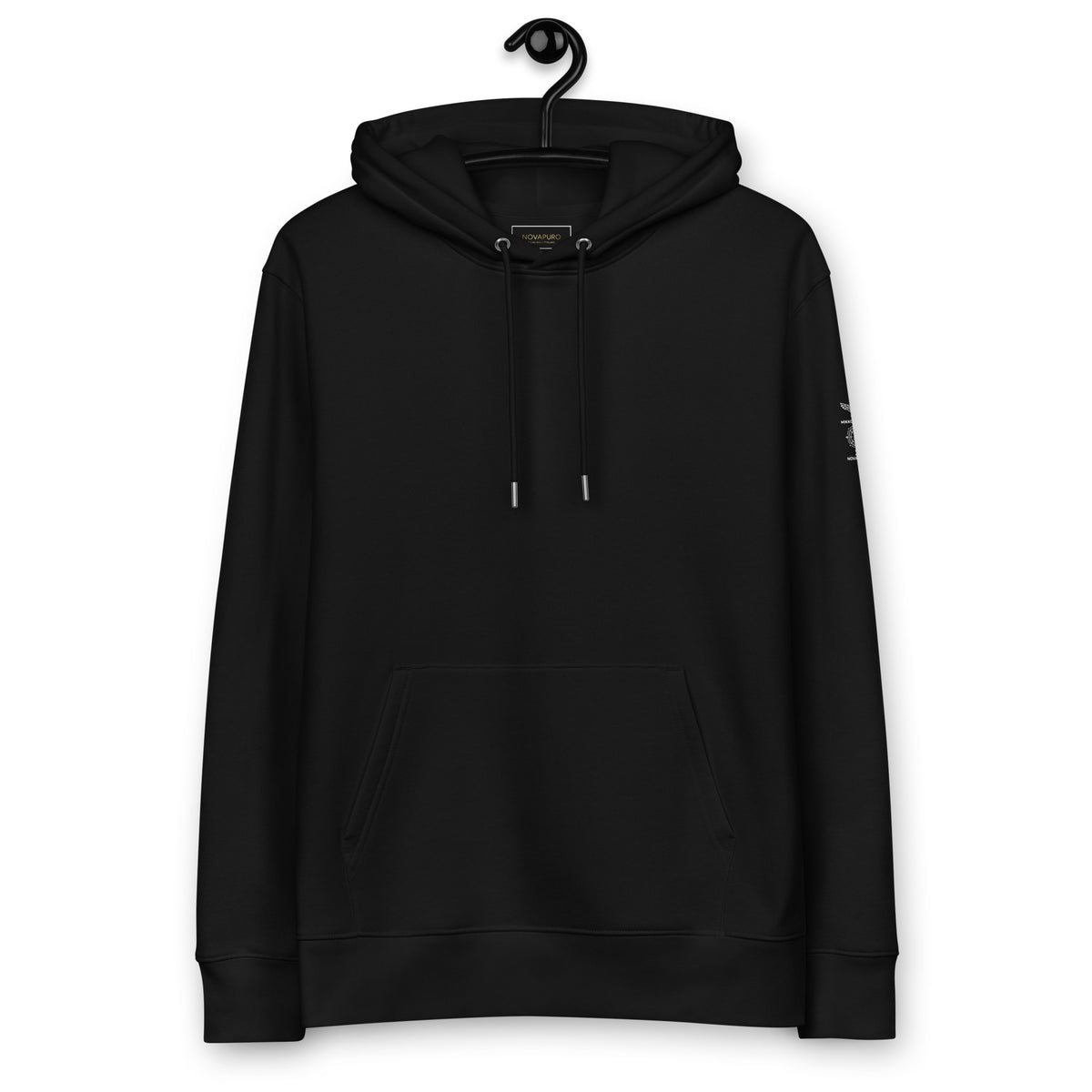Front view of the minimalist black organic cotton hoodie featuring a double-layered hood and front pouch pocket