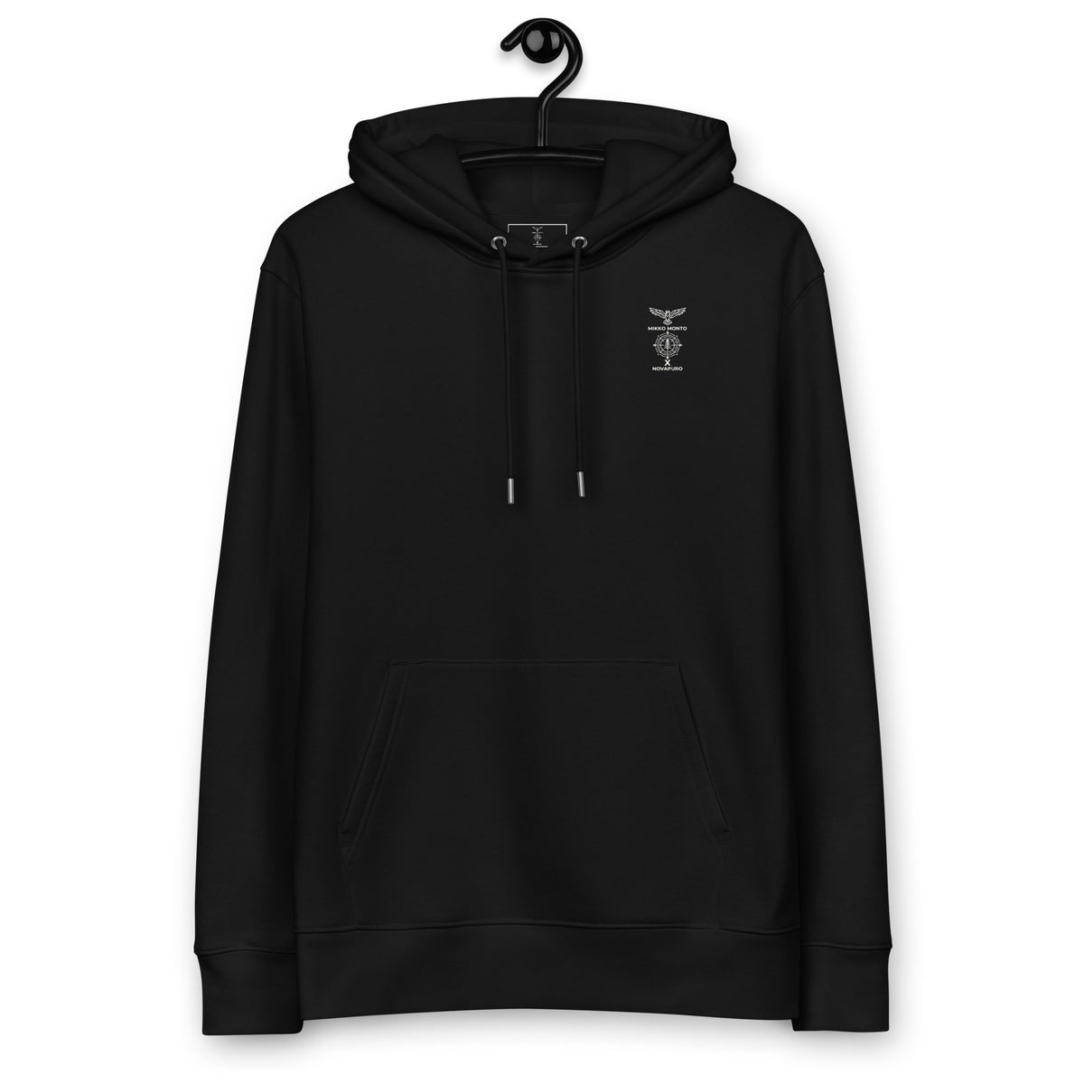Front view of the minimalist black organic cotton hoodie featuring a double-layered hood and front pouch pocket