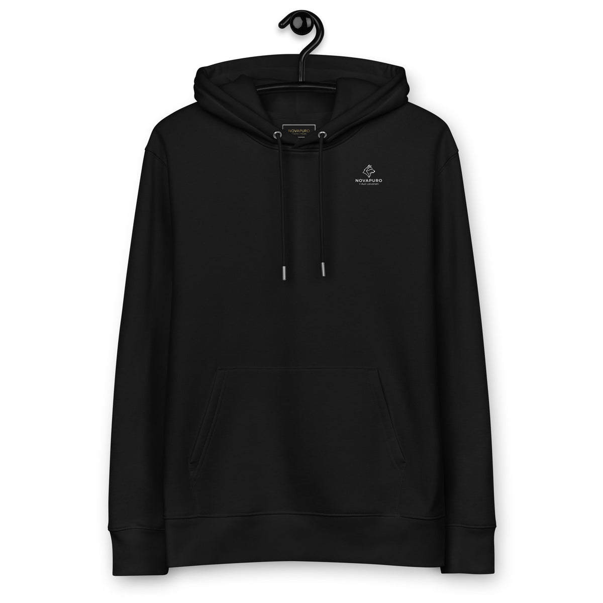 Front view of a blank black organic cotton hoodie on a hanger. A durable, comfortable, and sustainable everyday staple piece with a double-layered hood.