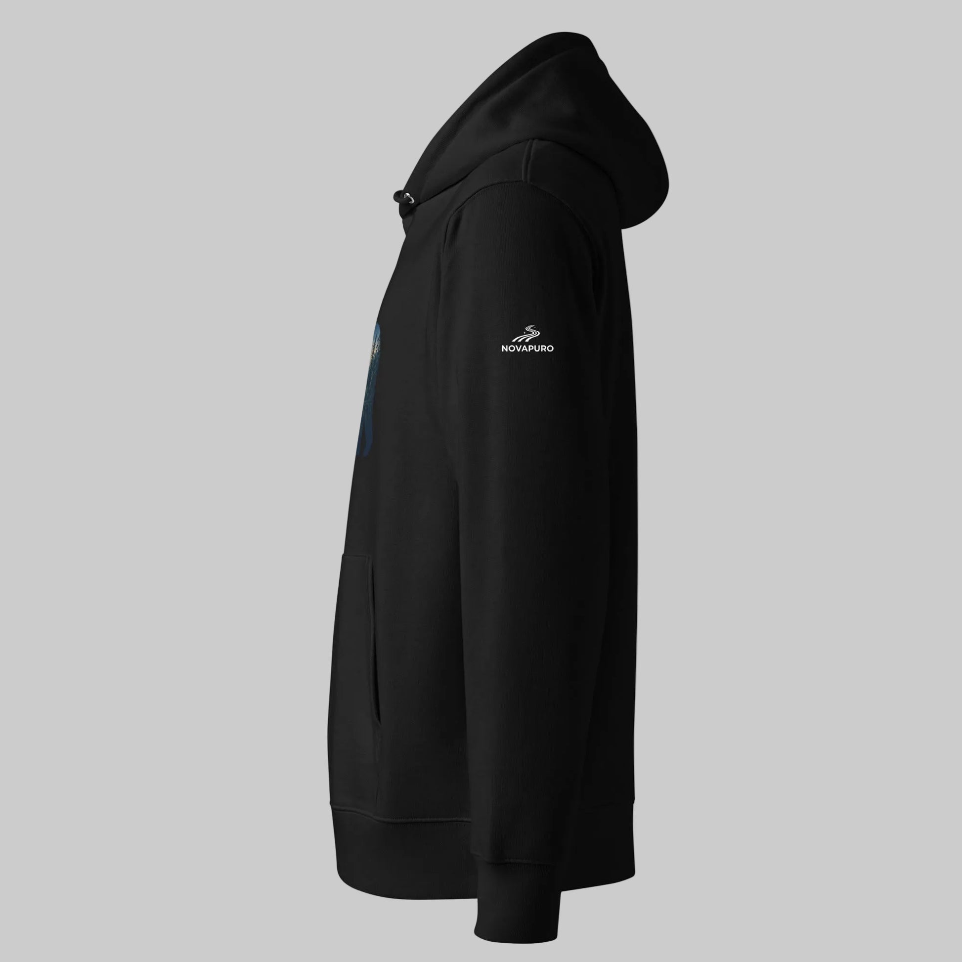 A black eco-friendly 100% organic cotton hoodie featuring a Nordic midnight sun bear silhouette design by Novapuro.